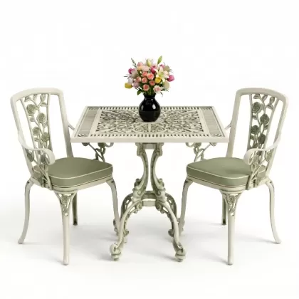 Kare 2 Kişilik alüminyum döküm masa, Ferfforje sandalye metal balkon bahçe takımı yeşil patina