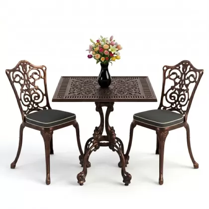 Kare 2 Kişilik alüminyum döküm masa, Ferfforje sandalye metal balkon bahçe takımı bakır eskitme