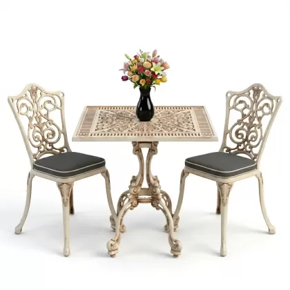 Kare 2 Kişilik alüminyum döküm masa, Ferfforje sandalye metal balkon bahçe takımı beyaz patina