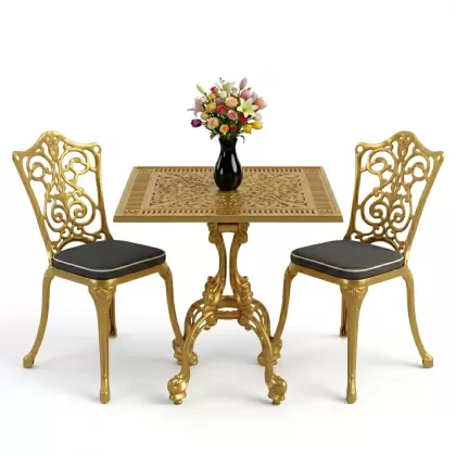 Kare 2 Kişilik alüminyum döküm masa, Ferfforje sandalye metal balkon bahçe takımı gold altın