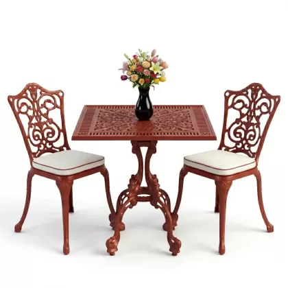 Kare 2 Kişilik alüminyum döküm masa, Ferfforje sandalye metal balkon bahçe takımı kırmızı kiremit