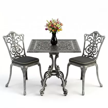Kare 2 Kişilik alüminyum döküm masa, Ferfforje sandalye metal balkon bahçe takımı gümüş silver
