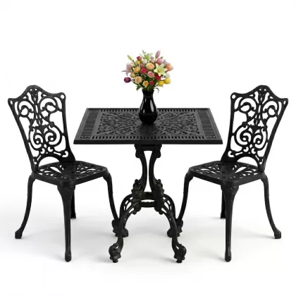 Kare 2 Kişilik alüminyum döküm masa, Ferfforje sandalye metal balkon bahçe takımı siyah