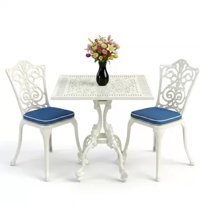 Kare 2 Kişilik alüminyum döküm masa, Ferfforje sandalye metal balkon bahçe takımı beyaz