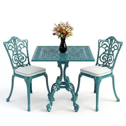 Kare 2 Kişilik alüminyum döküm masa, Ferfforje sandalye metal balkon bahçe takımı turkuaz