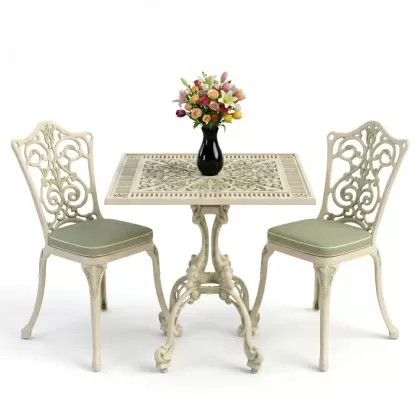 Kare 2 Kişilik alüminyum döküm masa, Ferfforje sandalye metal balkon bahçe takımı yeşil patina