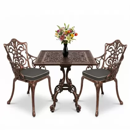 Kare 2 Kişilik alüminyum döküm masa, Ferfforje sandalye metal balkon bahçe takımı bakır eskitme