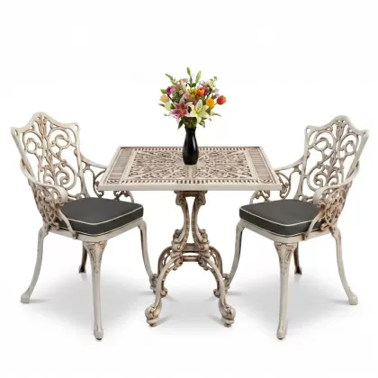 Kare 2 Kişilik alüminyum döküm masa, Ferfforje sandalye metal balkon bahçe takımı beyaz eskitme