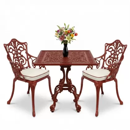 Kare 2 Kişilik alüminyum döküm masa, Ferfforje sandalye metal balkon bahçe takımı kırmızı kiremit