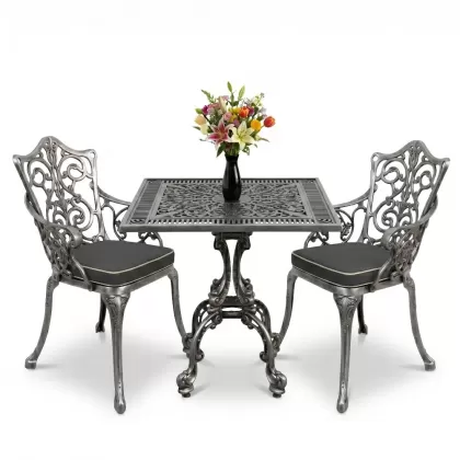 Kare 2 Kişilik alüminyum döküm masa, Ferfforje sandalye metal balkon bahçe takımı silver gümüş