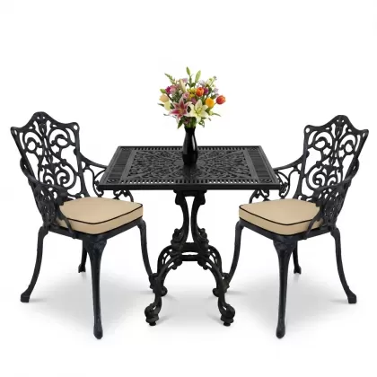 Kare 2 Kişilik alüminyum döküm masa, Ferfforje sandalye metal balkon bahçe takımı siyah