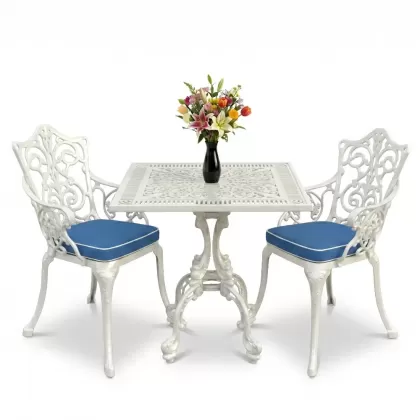 Kare 2 Kişilik alüminyum döküm masa, Ferfforje sandalye metal balkon bahçe takımı beyaz