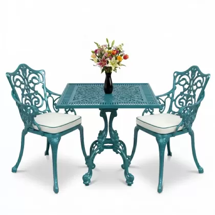 Kare 2 Kişilik alüminyum döküm masa, Ferfforje sandalye metal balkon bahçe takımı turkuaz