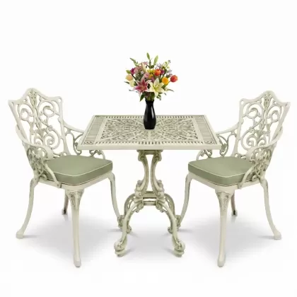Kare 2 Kişilik alüminyum döküm masa, Ferfforje sandalye metal balkon bahçe takımı yeşil patina