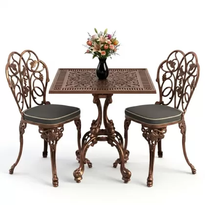 Kare 2 Kişilik alüminyum döküm masa, Ferfforje sandalye metal balkon bahçe takımı bakır eskitme