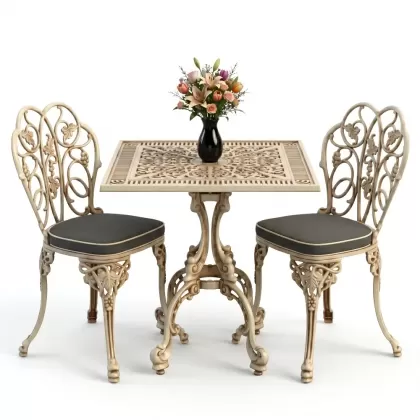 Kare 2 Kişilik alüminyum döküm masa, Ferfforje sandalye metal balkon bahçe takımı beyaz eskitme