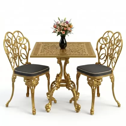 Kare 2 Kişilik alüminyum döküm masa, Ferfforje sandalye metal balkon bahçe takımı gold altın