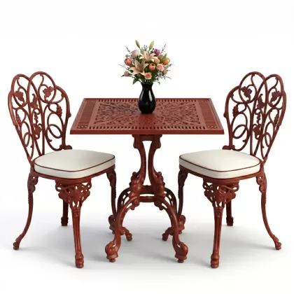 Kare 2 Kişilik alüminyum döküm masa, Ferfforje sandalye metal balkon bahçe takımı kırmızı kiremit