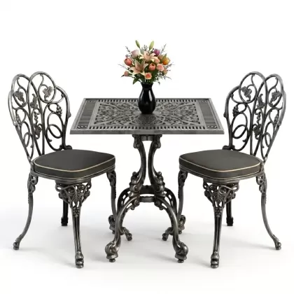 Kare 2 Kişilik alüminyum döküm masa, Ferfforje sandalye metal balkon bahçe takımı silver gümüş