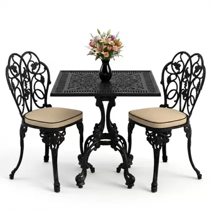 Kare 2 Kişilik alüminyum döküm masa, Ferfforje sandalye metal balkon bahçe takımı siyah