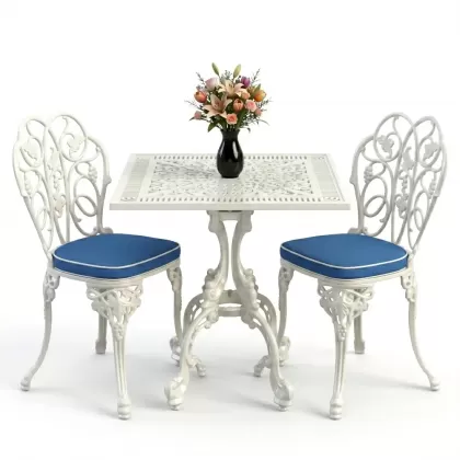 Kare 2 Kişilik alüminyum döküm masa, Ferfforje sandalye metal balkon bahçe takımı beyaz