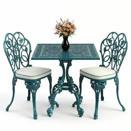 Kare 2 Kişilik alüminyum döküm masa, Ferfforje sandalye metal balkon bahçe takımı turkuaz