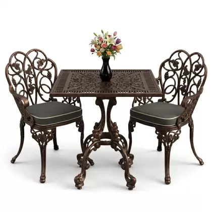 Kare 2 Kişilik alüminyum döküm masa, Ferfforje sandalye metal balkon bahçe takımı bakır eskitme