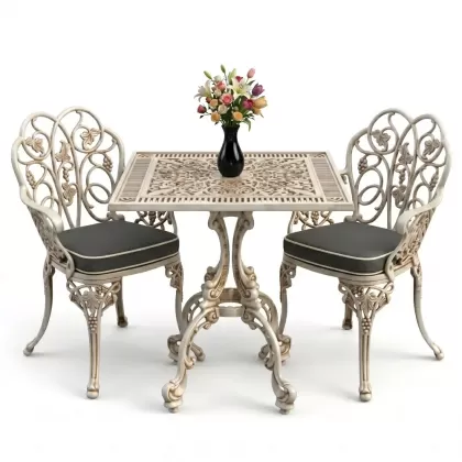 Kare 2 Kişilik alüminyum döküm masa, Ferfforje sandalye metal balkon bahçe takımı beyaz eskitme