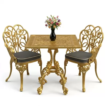 Kare 2 Kişilik alüminyum döküm masa, Ferfforje sandalye metal balkon bahçe takımı gold altın