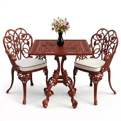 Kare 2 Kişilik alüminyum döküm masa, Ferfforje sandalye metal balkon bahçe takımı kırmızı kiremit