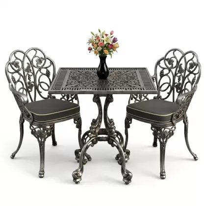 Kare 2 Kişilik alüminyum döküm masa, Ferfforje sandalye metal balkon bahçe takımı gümüş silver