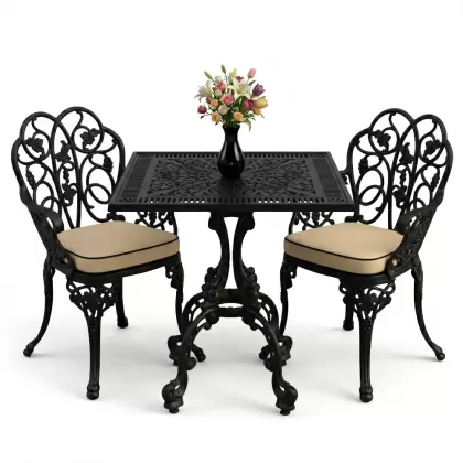 Kare 2 Kişilik alüminyum döküm masa, Ferfforje sandalye metal balkon bahçe takımı siyah