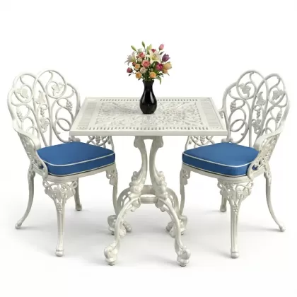 Kare 2 Kişilik alüminyum döküm masa, Ferfforje sandalye metal balkon bahçe takımı beyaz