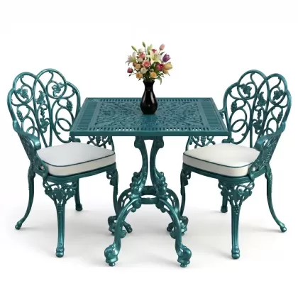 Kare 2 Kişilik alüminyum döküm masa, Ferfforje sandalye metal balkon bahçe takımı turkuaz