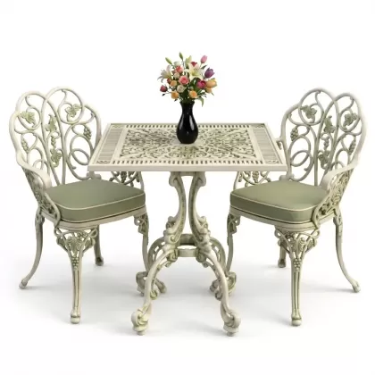 Kare 2 Kişilik alüminyum döküm masa, Ferfforje sandalye metal balkon bahçe takımı yeşil patina
