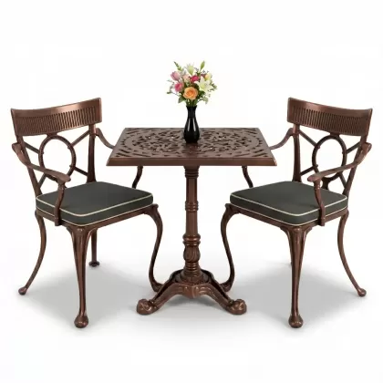 Kare 2 Kişilik alüminyum döküm masa, Ferfforje sandalye metal balkon bahçe takımı bakır eskitme