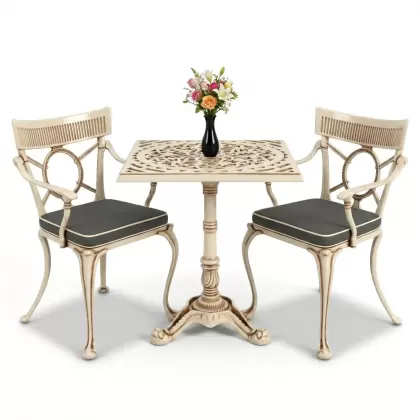 Kare 2 Kişilik alüminyum döküm masa, Ferfforje sandalye metal balkon bahçe takımı beyaz eskitme