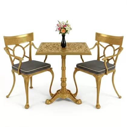 Kare 2 Kişilik alüminyum döküm masa, Ferfforje sandalye metal balkon bahçe takımı gold altın