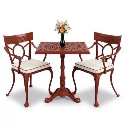 Kare 2 Kişilik alüminyum döküm masa, Ferfforje sandalye metal balkon bahçe takımı kırmızı kiremit