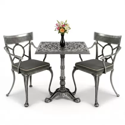 Kare 2 Kişilik alüminyum döküm masa, Ferfforje sandalye metal balkon bahçe takımı gümüş silver