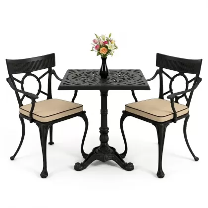 Kare 2 Kişilik alüminyum döküm masa, Ferfforje sandalye metal balkon bahçe takımı siyah