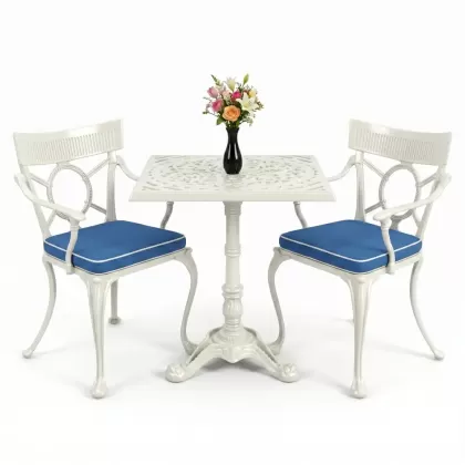 Kare 2 Kişilik alüminyum döküm masa, Ferfforje sandalye metal balkon bahçe takımı beyaz