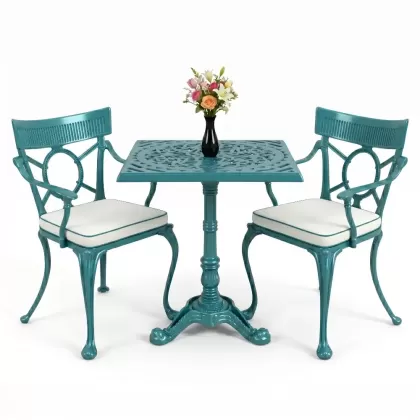 Kare 2 Kişilik alüminyum döküm masa, Ferfforje sandalye metal balkon bahçe takımı turkuaz