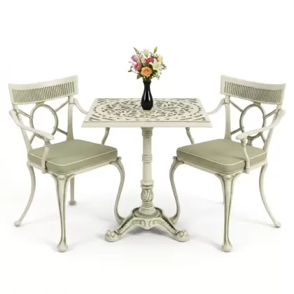 Kare 2 Kişilik alüminyum döküm masa, Ferfforje sandalye metal balkon bahçe takımı yeşil patina