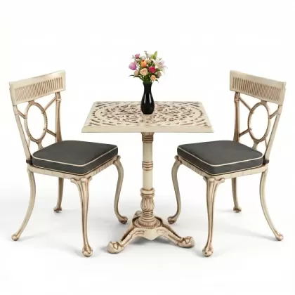 Kare 2 Kişilik alüminyum döküm masa, Ferfforje sandalye metal balkon bahçe takımı beyaz eskitme