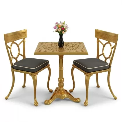 Kare 2 Kişilik alüminyum döküm masa, Ferfforje sandalye metal balkon bahçe takımı gold altın