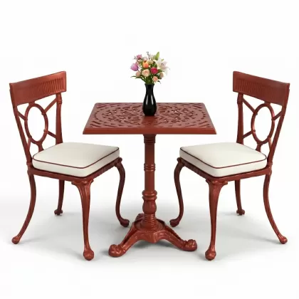 Kare 2 Kişilik alüminyum döküm masa, Ferfforje sandalye metal balkon bahçe takımı kırmızı kiremit
