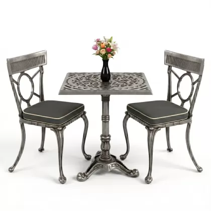 Kare 2 Kişilik alüminyum döküm masa, Ferfforje sandalye metal balkon bahçe takımı gümüş silvar