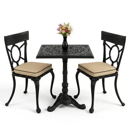 Kare 2 Kişilik alüminyum döküm masa, Ferfforje sandalye metal balkon bahçe takımı siyah