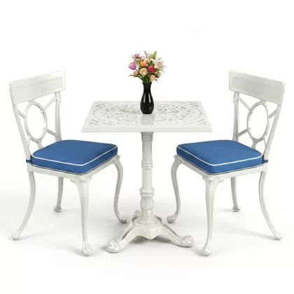 Kare 2 Kişilik alüminyum döküm masa, Ferfforje sandalye metal balkon bahçe takımı beyaz